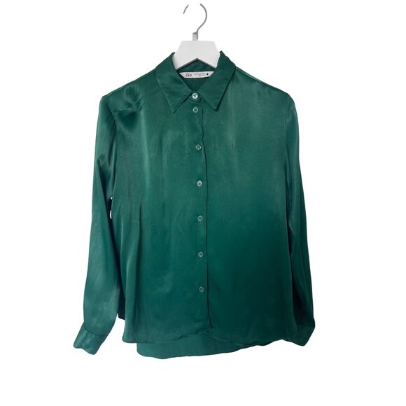 Zara Green Button-Up Long Sleeve Blouse Satin Feel - Picture 1 of 4